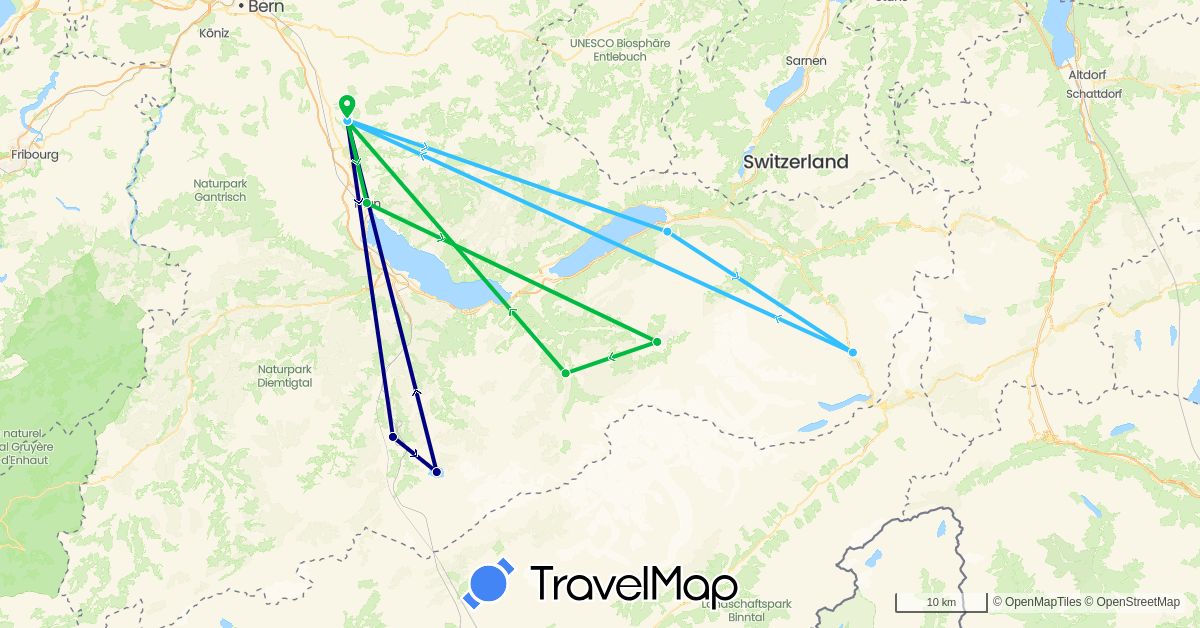 TravelMap itinerary: driving, bus, boat in Switzerland (Europe)